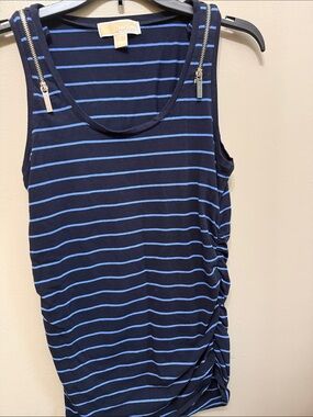 Michael Kors Navy with Light Blue Stripe Zip-Shoulder Tank